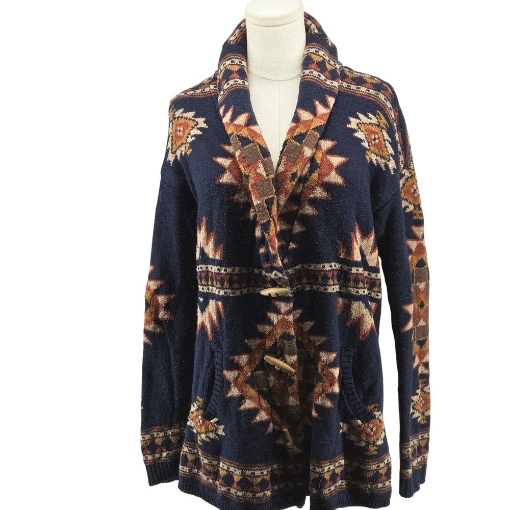 Faherty Sweater Mens S Blue Collared Cardigan Fair Isle Chunky-Knit Cotton